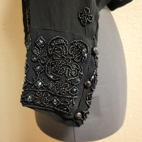 Papillon Sheer Black Beaded & Sequined Button-Up Top Size Large - Picture 6 of 13